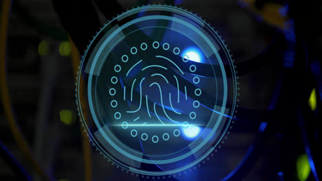 animation of fingerprint icon over data processing and server room