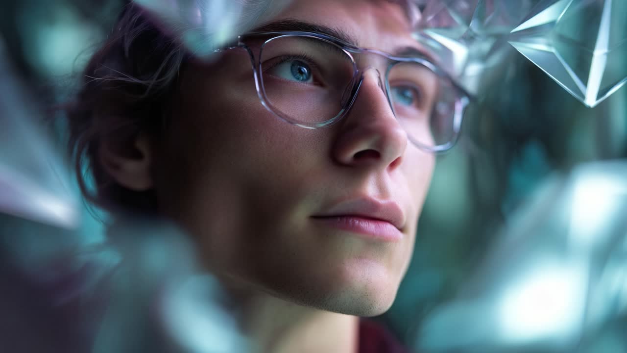 A Thoughtful Young Person Gazing Wisely Through Shimmering Crystals, Captured in Two Frames of a Captivating Moment, Reflecting Depth and Insightful Contemplation