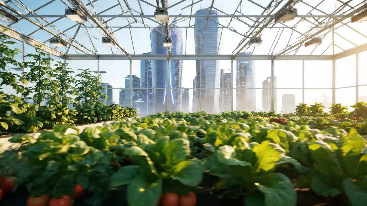 Futuristic Greenhouse with Cityscape View
