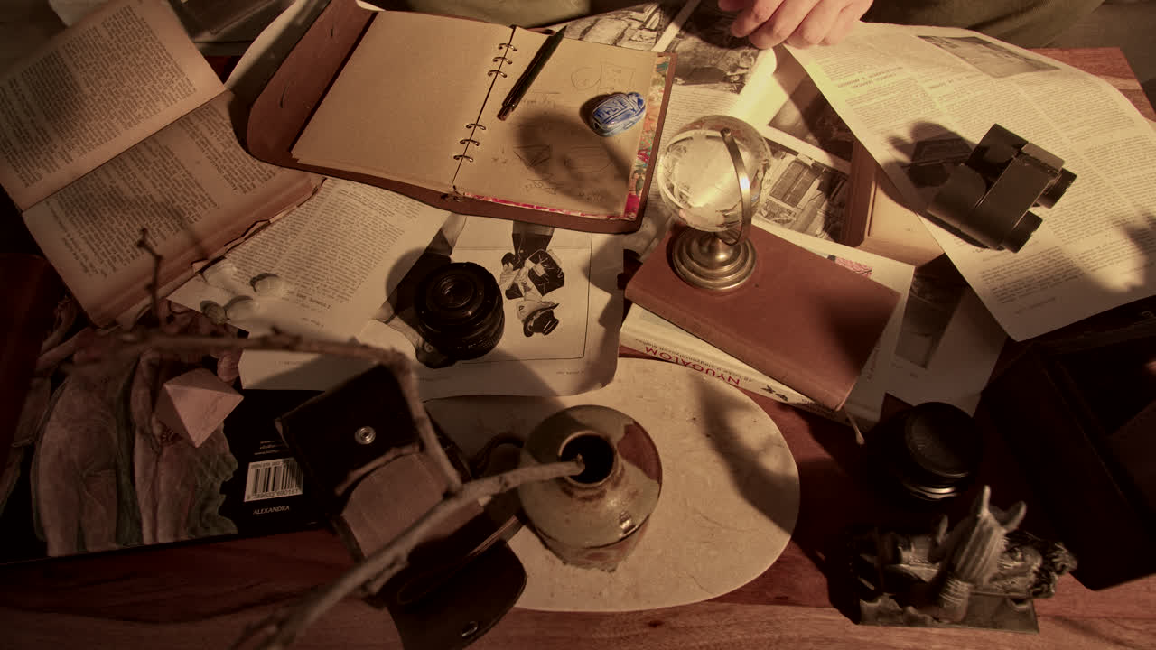 Vintage Study Table with Books, Papers, Camera and Other Items