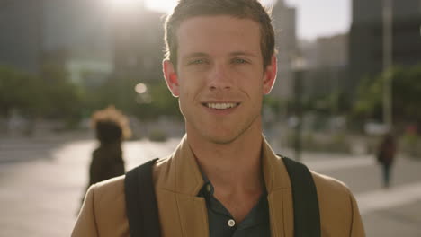 close up portrait of confident young caucasian business man smiling at camera successful ambitious male wearing stylish fashion in city