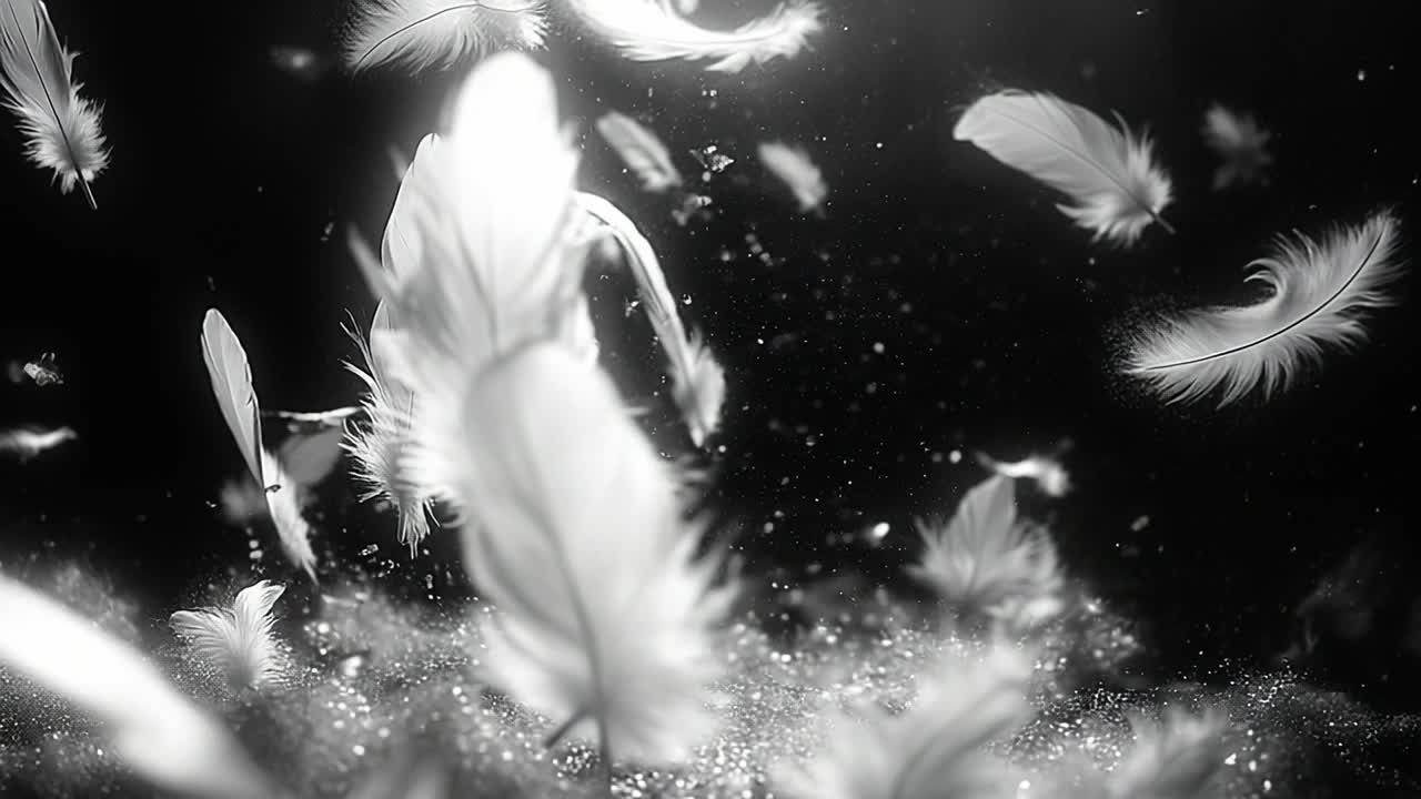 Floating white feathers in dark water. A collection of delicate white feathers gracefully drifts in dark water, creating a serene and tranquil atmosphere.