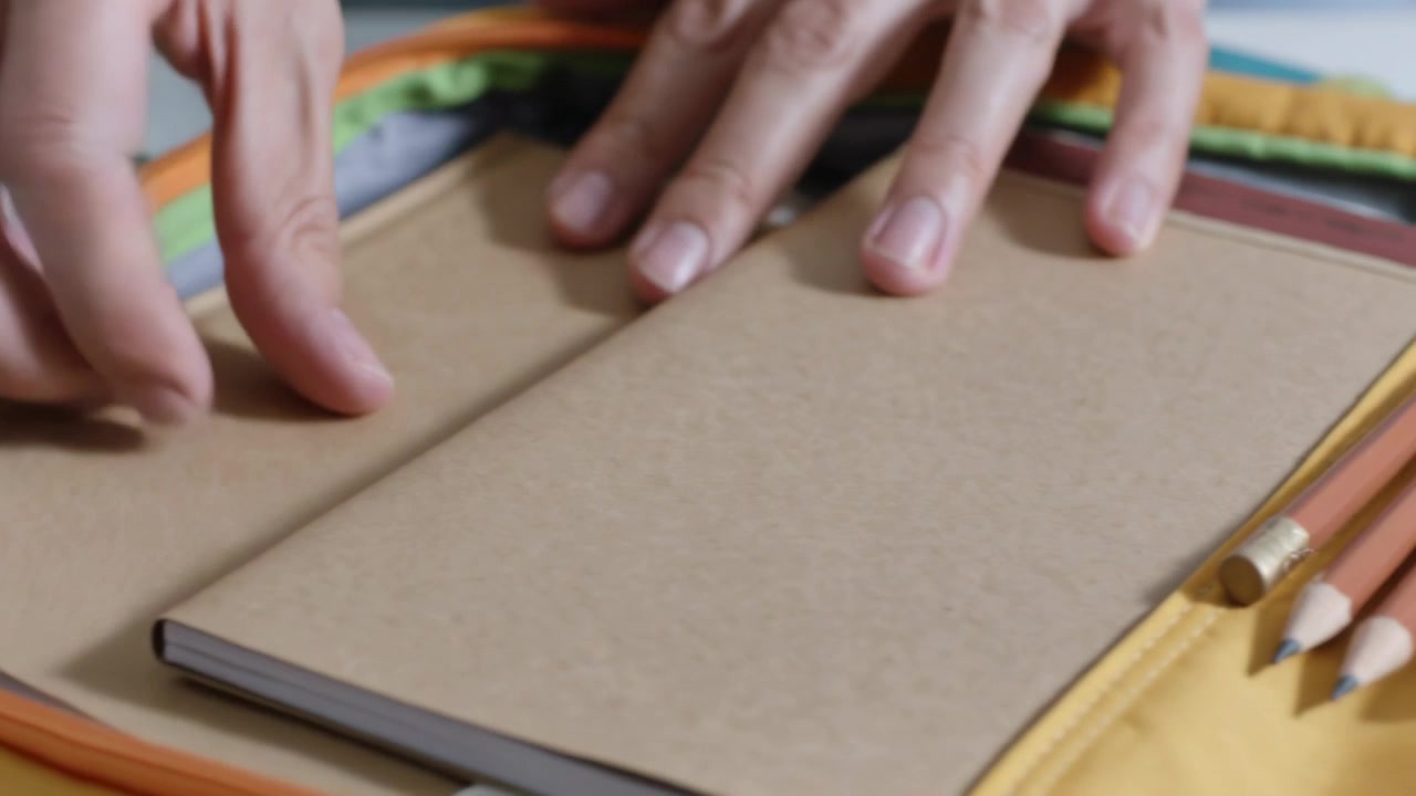 Mani che allineano libri kraft in una custodia con cerniera sulla scrivania, facendo scivolare le matite negli anelli per riporle.