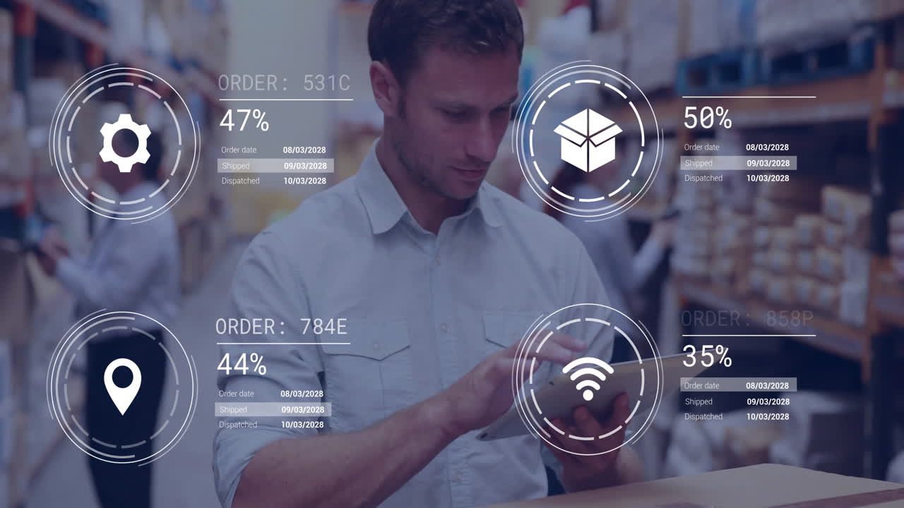 Using tablet, warehouse worker viewing animation of digital order tracking data
