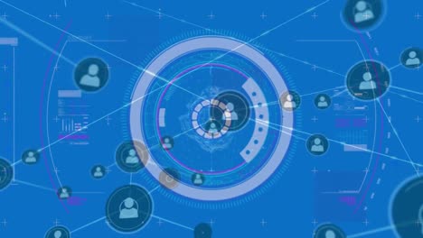 animación de iconos conectados, reactor de arco y patrón abstracto sobre fondo azul