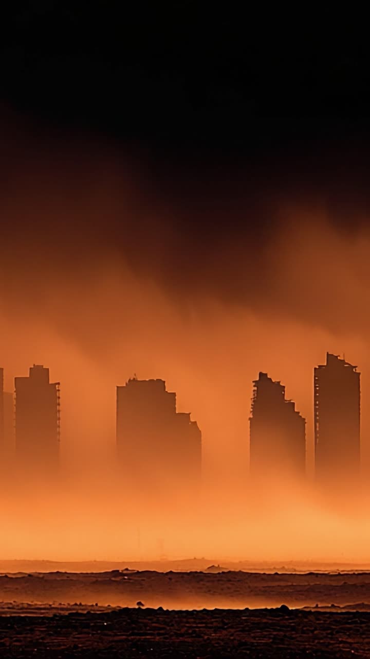 Un dramático paisaje urbano envuelto en polvo y un resplandor atmosférico, mostrando rascacielos silueteados contra un fondo de niebla naranja.