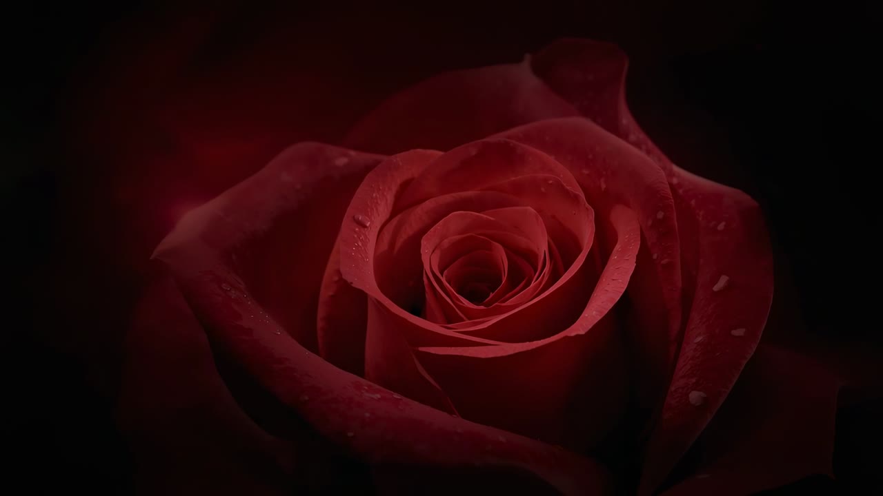 Modificare l'illuminazione e regolare la messa a fuoco per rivelare la fioritura di una rosa rossa in studio, enfatizzando le goccioline