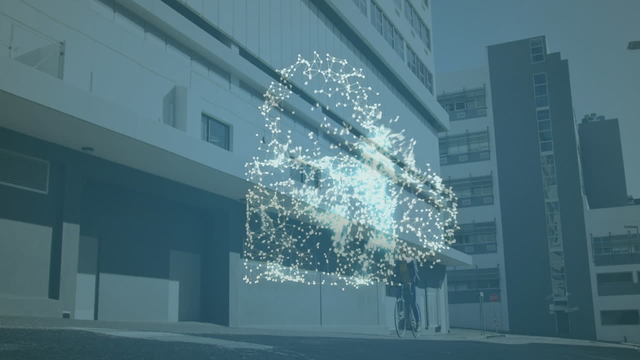 높은 건물에 대한 클라우드와 보안 락 아이콘을 형성하는 연결 네트워크의 애니메이션