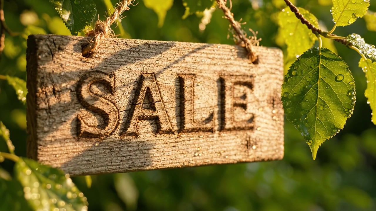 Un cartello rustico con la scritta "SALDI" appeso tra foglie verdi fresche, illuminato da una luce solare soffusa, che indica offerte imperdibili e la bellezza della natura in un ambiente sereno