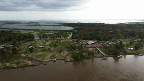 establishing aerial view of amazon village, brazil, landscape in amazon river, rain forest, wetlands location