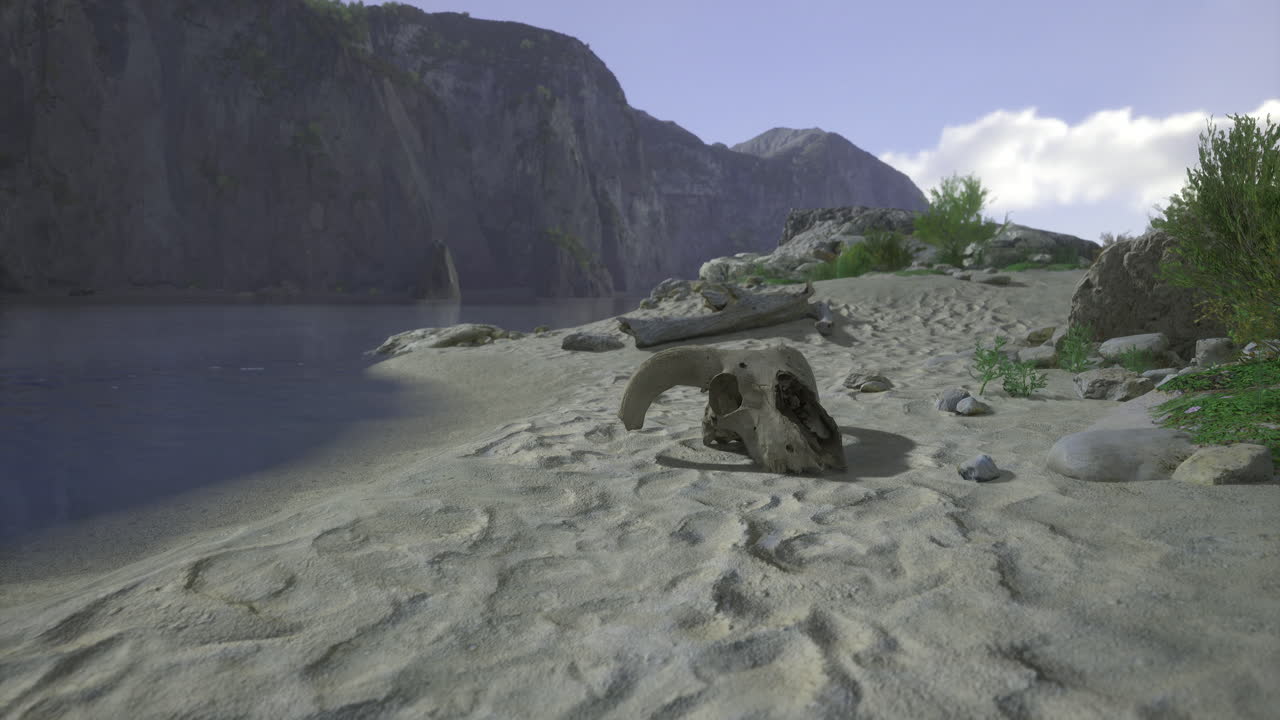 Skull rests on sandy riverbank under clear sky surrounded by mountains