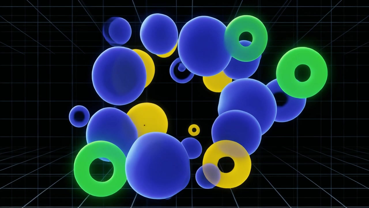 Abstract 3D Animation of Expanding Blue and Yellow Spheres and Rings