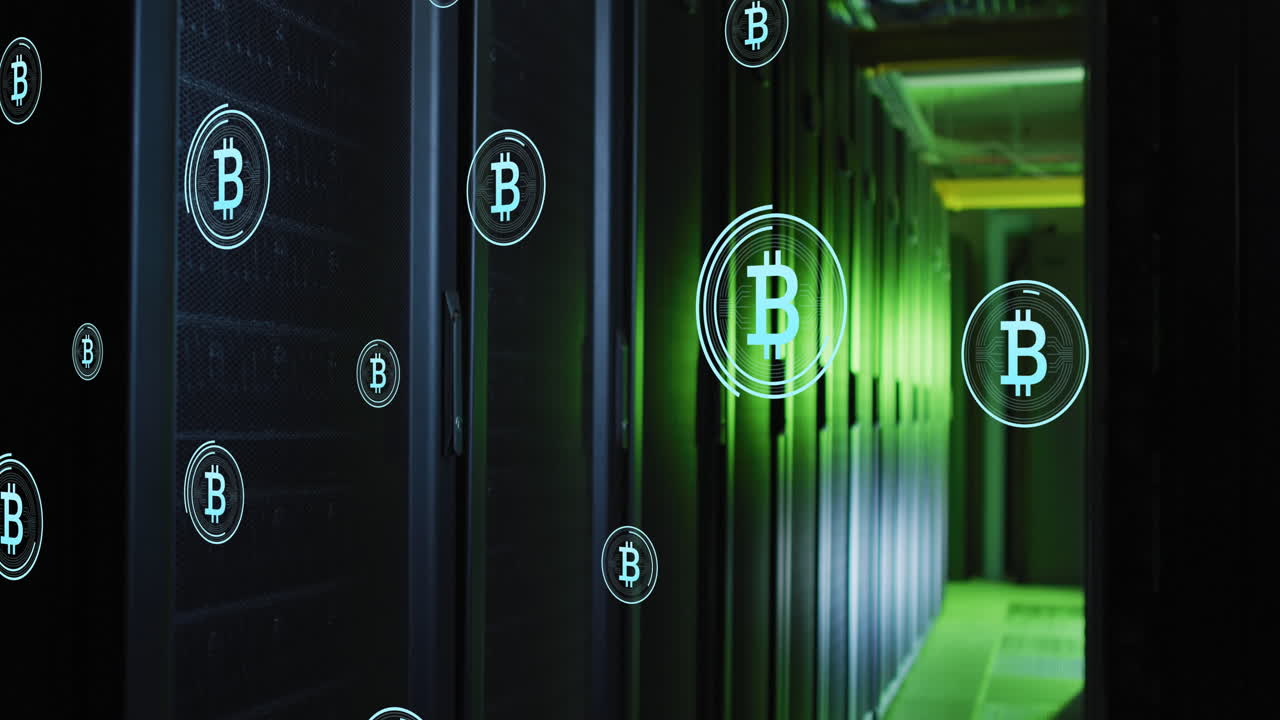 animación de múltiples símbolos de bitcoin flotando contra la sala del servidor de la computadora