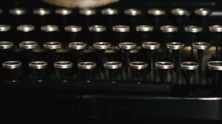 Right to left low angle tracking shot along keys of antique manual typewriter