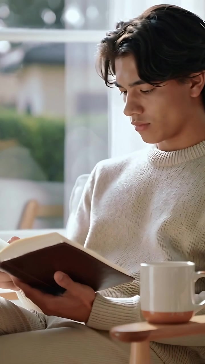Dikey video: Evde pencere kenarında kupasıyla koltukta oturan kazaklı adam, ciltli bir kitap alıp okuyor.
