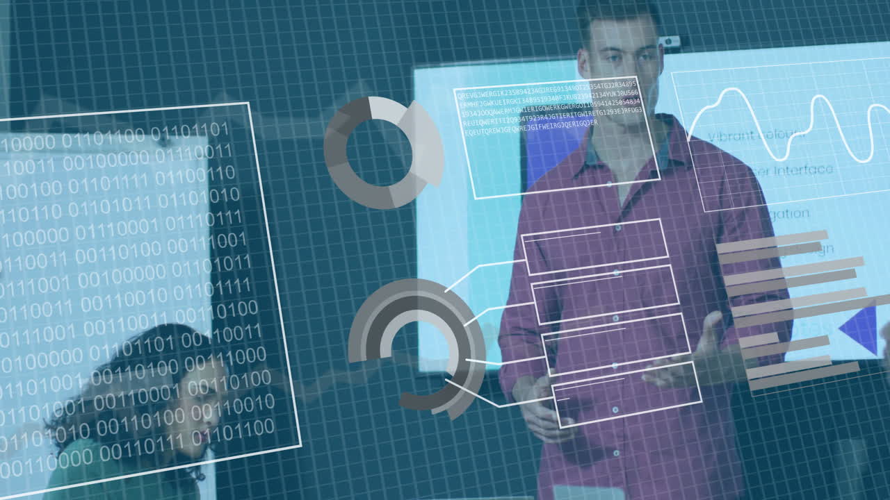 código binario y animación de visualización de datos sobre personas de negocios en la oficina