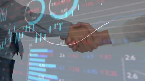 animation of financial data processing over business people shaking hands