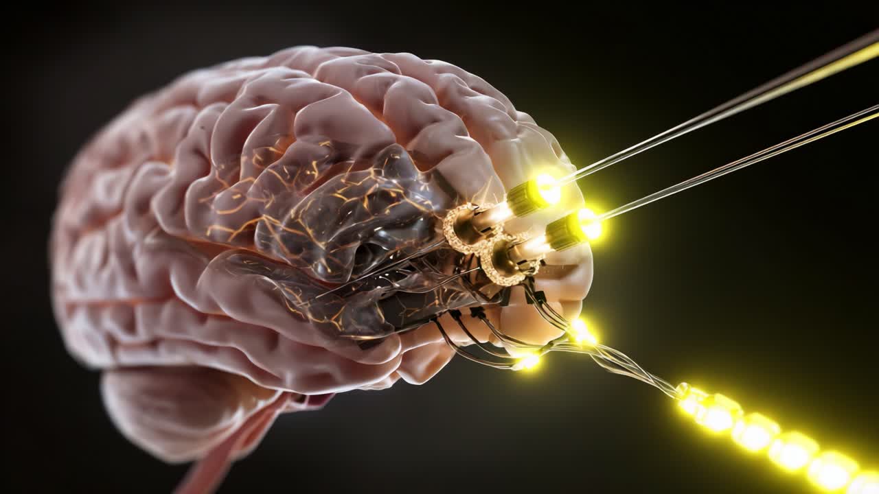 Exploring the Fusion of Biology and Technology: A Detailed Look at a Brain with Advanced Neural Interface, Showcasing the Connection Between Neural Activity and Electrical Signals