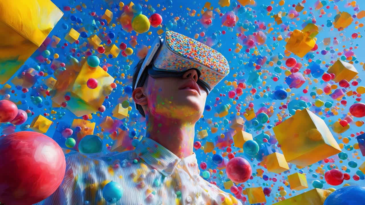 Immersive Virtual Reality Experience: A Young Person Dives into a Vivid World Filled with Colorful Shapes and Textures, Embracing the Future of Digital Interaction and Play