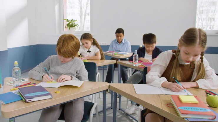 Groupe d'élèves multiethnique assis à des pupitres dans une salle de classe d'anglais, levant les bras pour répondre à la question du professeur