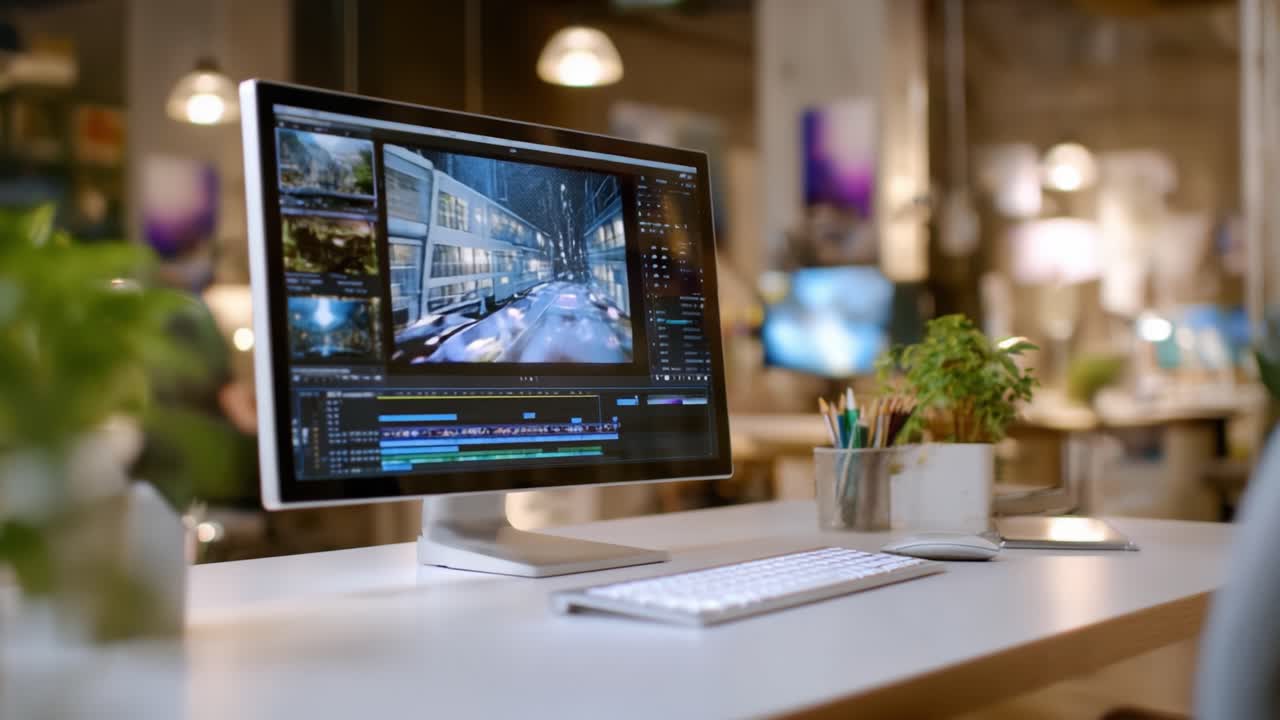 Stazione di editing con configurazione computer che mostra software di editor video su un desktop moderno in uno spazio di lavoro creativo con illuminazione ambientale e vegetazione sullo sfondo