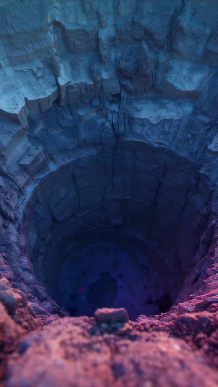 Vertical video: Moving camera edging rim, revealing deep rock shaft with layered walls and rubble