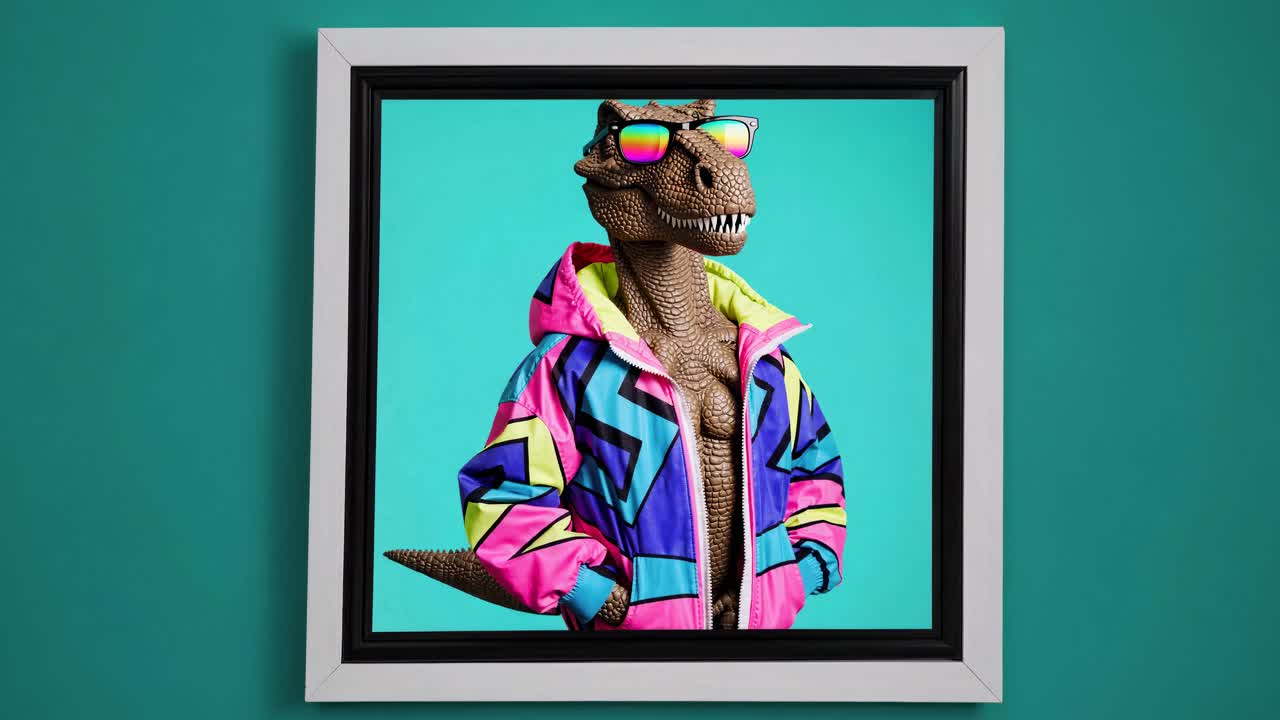 dinosaurio con una chaqueta de moda de los años 80 y 90