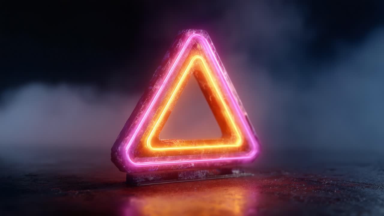 A striking neon triangle glows brilliantly against a misty backdrop, showcasing vibrant colors and captivating light effects, perfect for modern design inspiration
