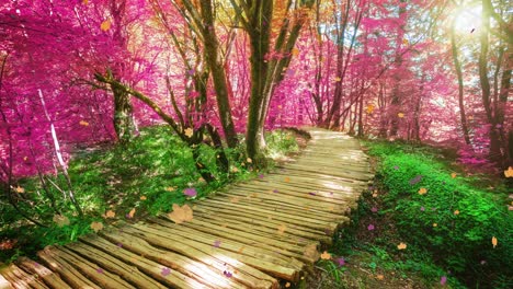 Video-Cinematográfico-De-Un-Camino-De-Madera-En-El-Lago-De-Plitvice,-Croacia,-Color-De-Follaje-De-Fantasía