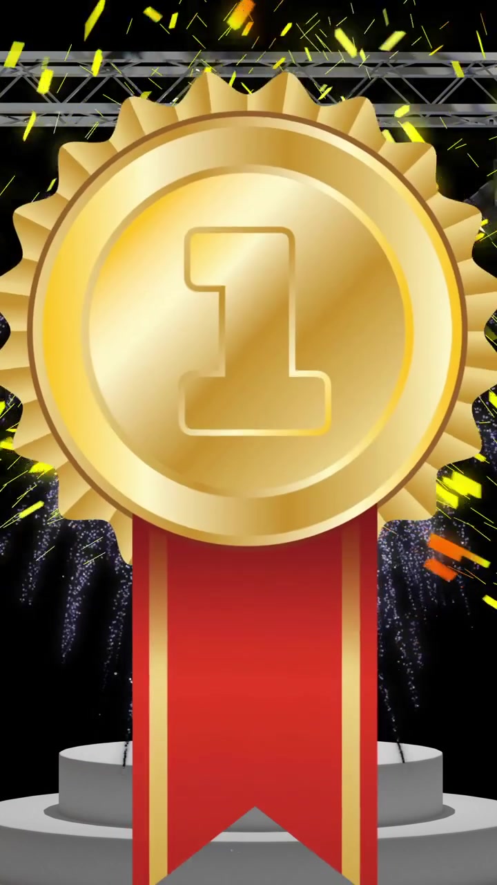 Animation of gold medal with 1 text, confetti and podium in black frame on black background