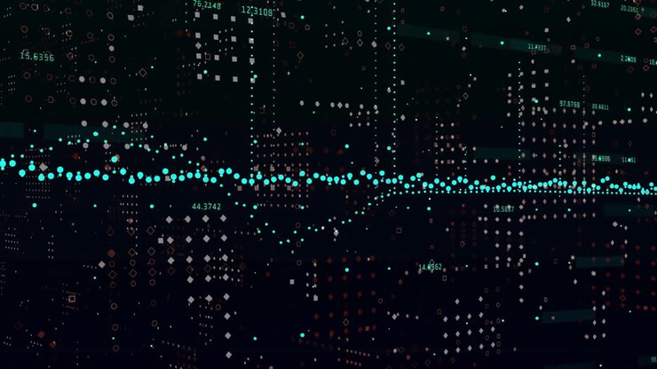 Animation of data processing over dark background