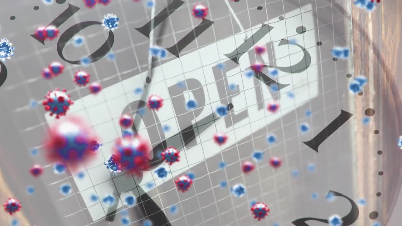 떠다니는 거시 코로나19 세포의 애니메이션과 움직이는 시계 오버 표시 오픈