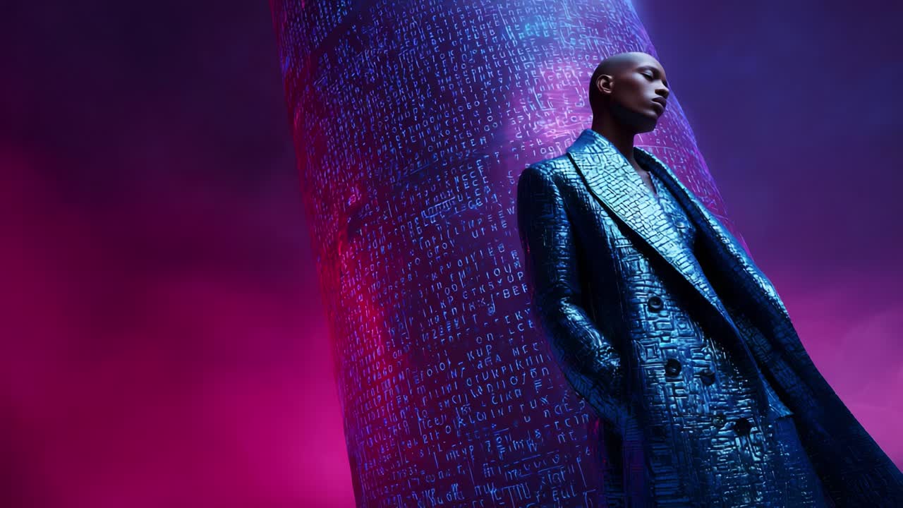 A striking figure stands confidently against a backdrop of vibrant colors and abstract graffiti patterns, embodying a fusion of fashion and art in a captivating visual narrative