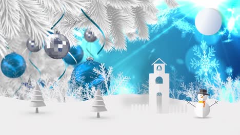 Animation-of-winter-landscape-over-christmas-decorations-on-blue-background