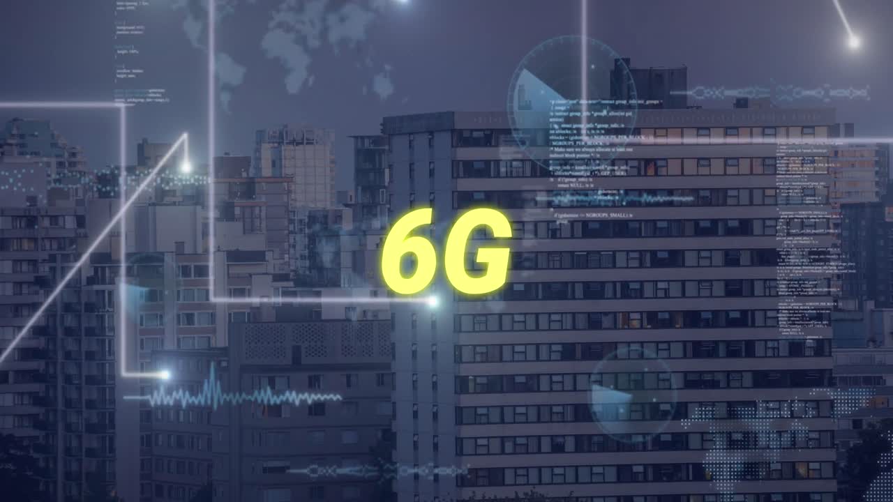 Animation of 6g text, cityscape and connections