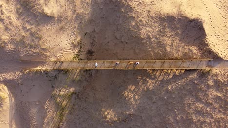 personas con perros cruzan un puente de madera en la entrada de la playa de la ciudad de punta del este en uruguay al atardecer