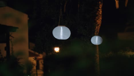 garden with white chinese lanterns at night