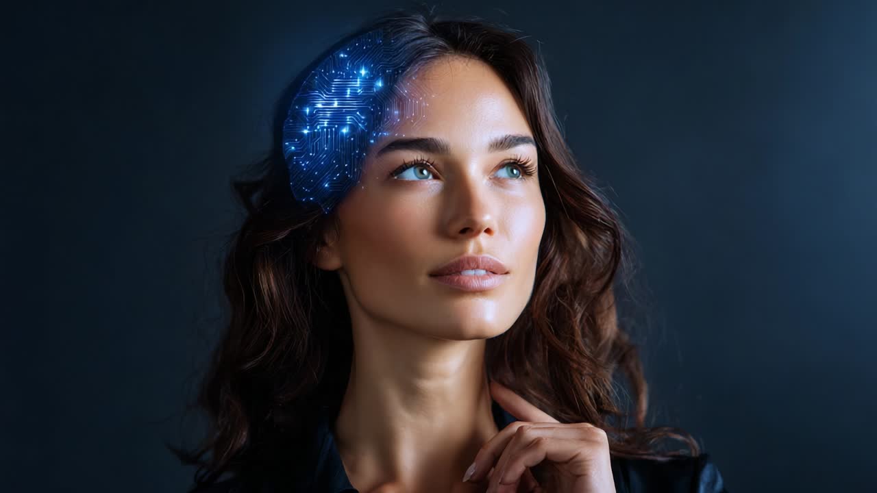 Un viaggio affascinante all'incrocio tra tecnologia e intelligenza umana, con una donna dotata di una sovrapposizione cerebrale digitale luminosa, che incarna la fusione di creatività, innovazione e potenziale futuristico