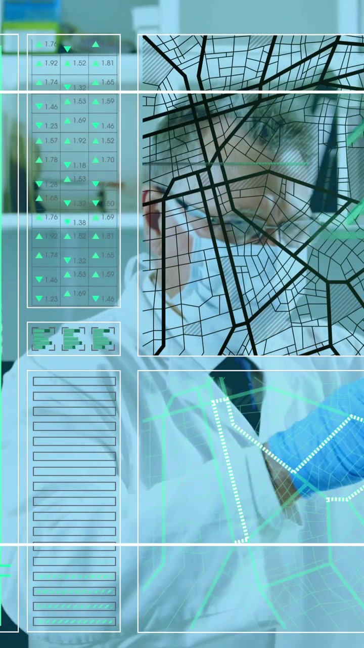 Animação de processamento de dados sobre cientista masculino caucasiano em laboratório