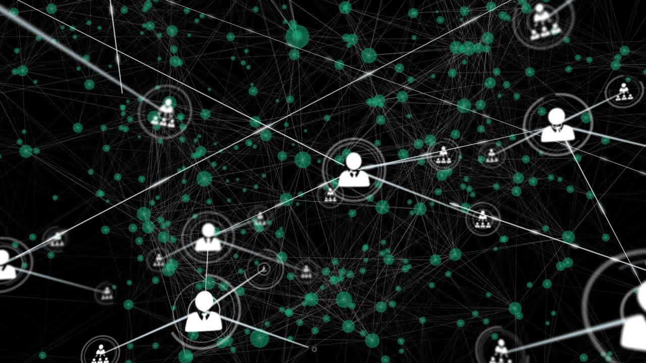 Animation of network of connections with icons on black background