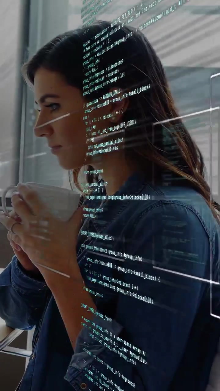 Vertical video: Woman holding white mug by window code sliding right showing data for tech