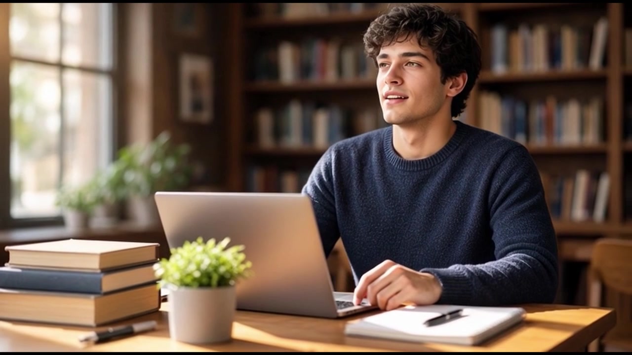 Young Man Working on Laptop in Library