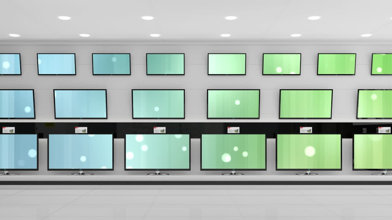 복사 공간과 함께 반 ⁇ 이는 화면과 함께 상점에 있는 텔레비전 세트의 행의 애니메이션