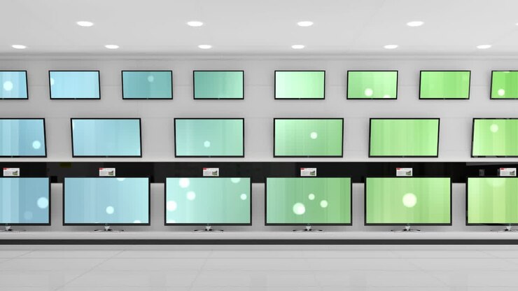Animation of rows of television sets in store with glowing screens with copy space