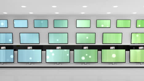 animation of rows of television sets in store with glowing screens with copy space