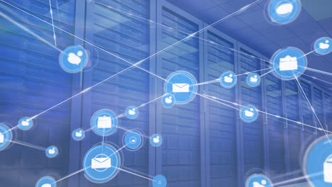 animation of network of connections with icons over server room