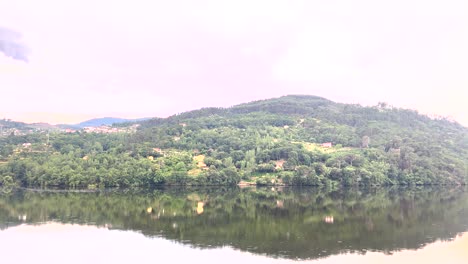 Calm-lake-or-river-teeming-with-wildlife-and-a-mountain-in-the-background-in-the-Portuguese-countryside