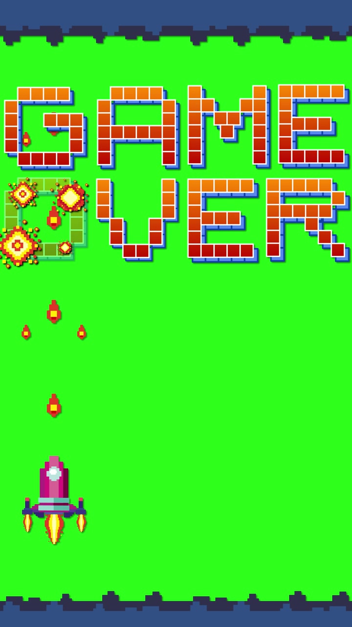Retro piksel sanat uzay gemisi, yeşil ekran arka planında "Game Over" yazısını vurup yok ediyor.