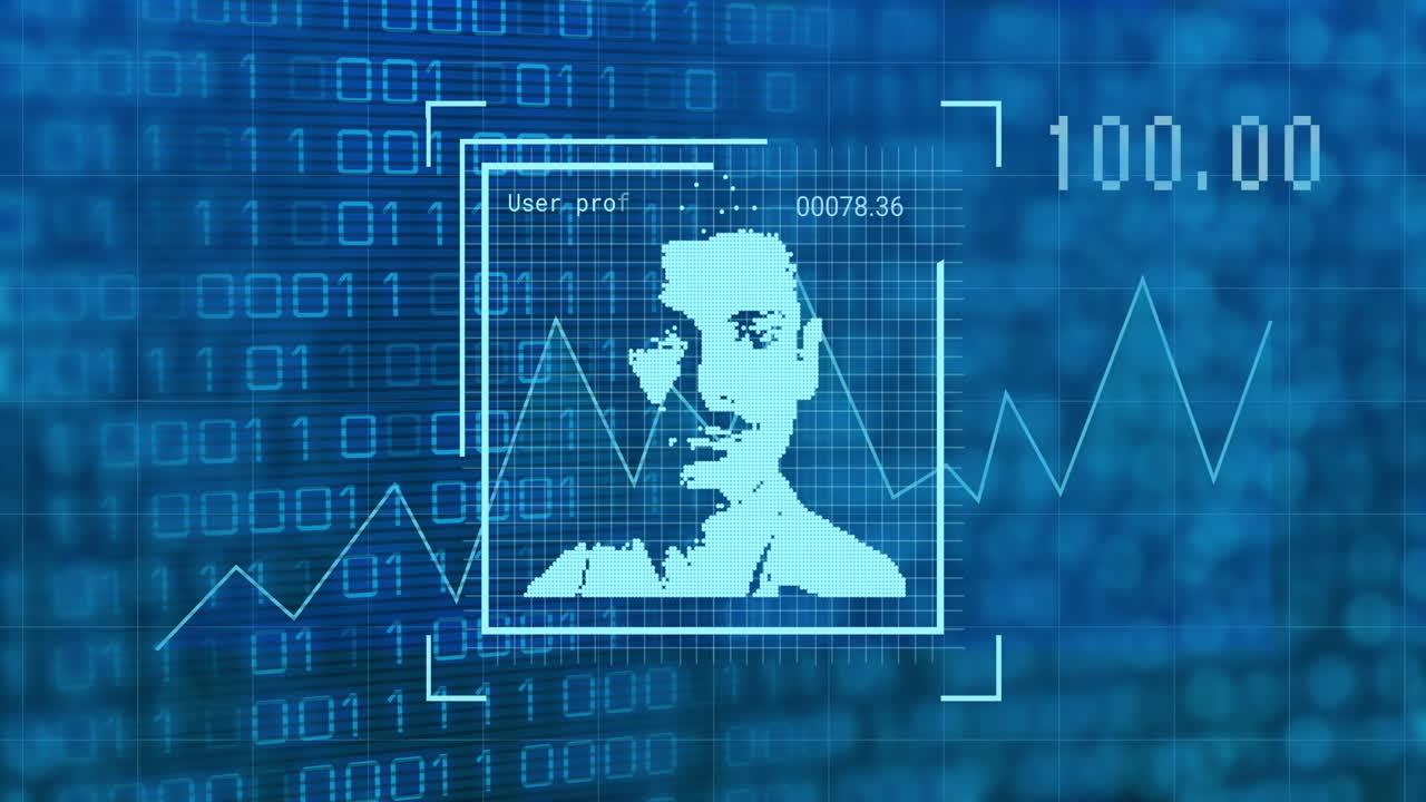 Binary code and facial recognition animation over digital profile with data points