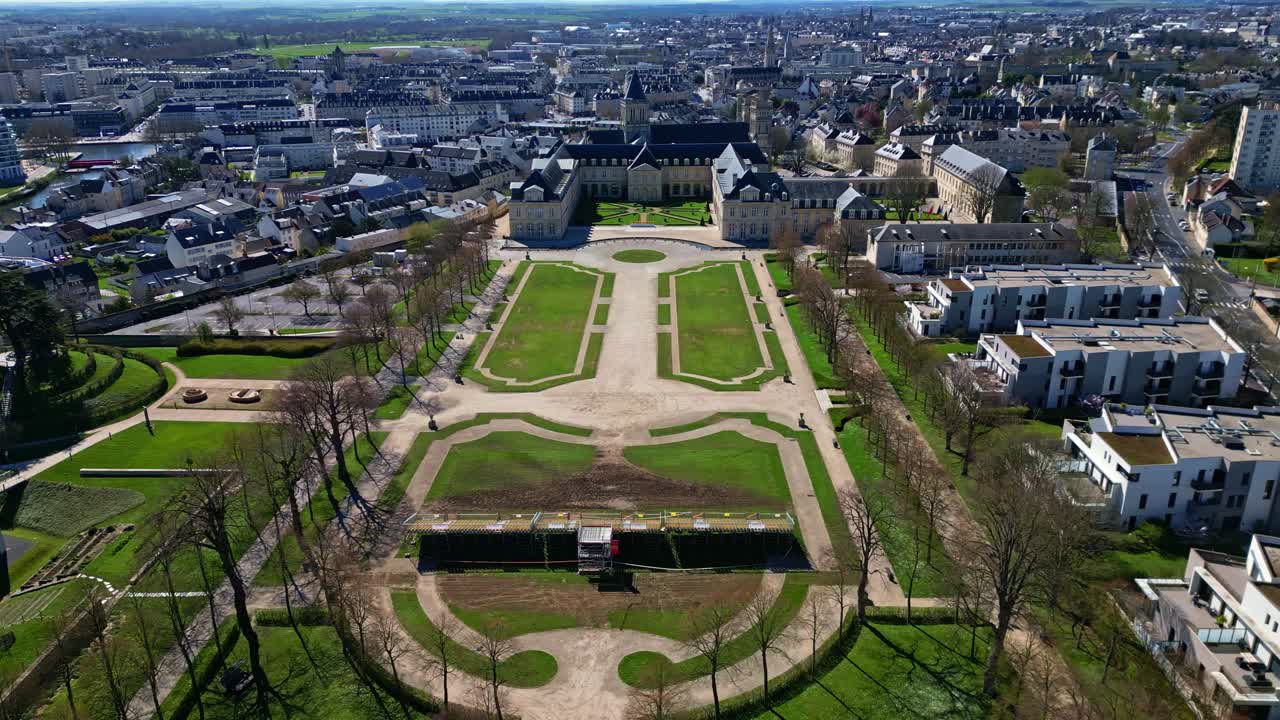 Park Michel d'Ornano, gardens, Abbaye aux Dames or Abbey women at Caen, Normandy in France. Aerial drone sideways